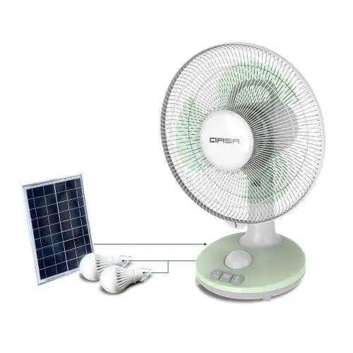 Qasa 12-inch rechargeable table fan with solar panel and LED bulbs for versatile cooling solutions.