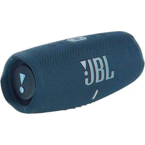 JBL Charge 5 portable Bluetooth speaker in blue, featuring waterproof design and built-in power bank for charging devices.