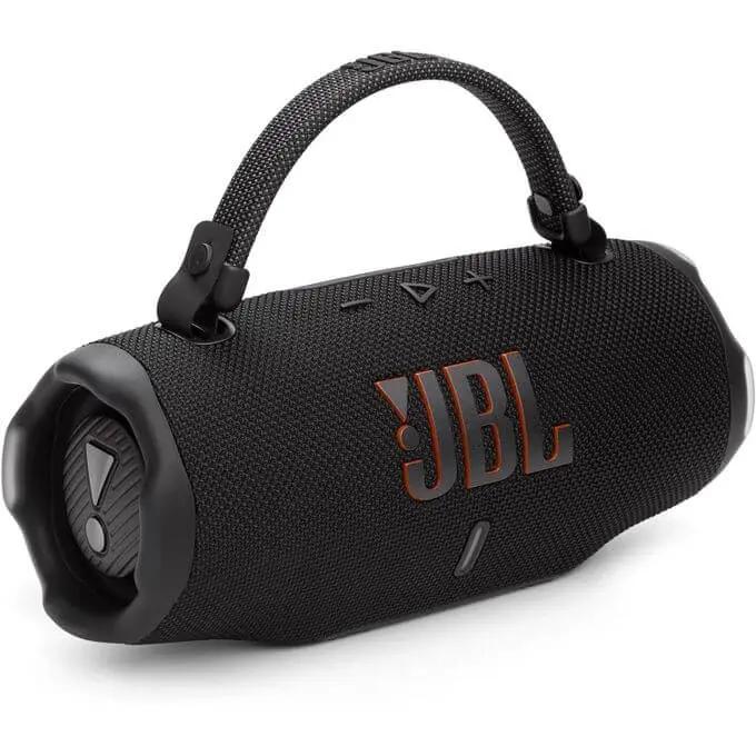 JBL Charge 6 Portable Bluetooth Speaker with black fabric finish and handle strap for easy carrying.